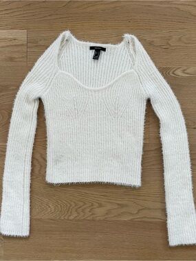 Cream Fuzzy Ribbed Scoop Neck Sweater